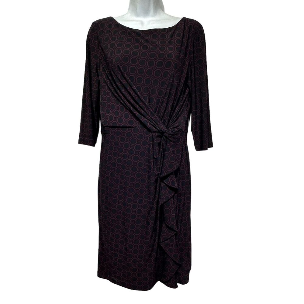 Lauren Ralph Lauren Black Burgundy Geometric Knot Ruffle Ruched Wiggle Dress